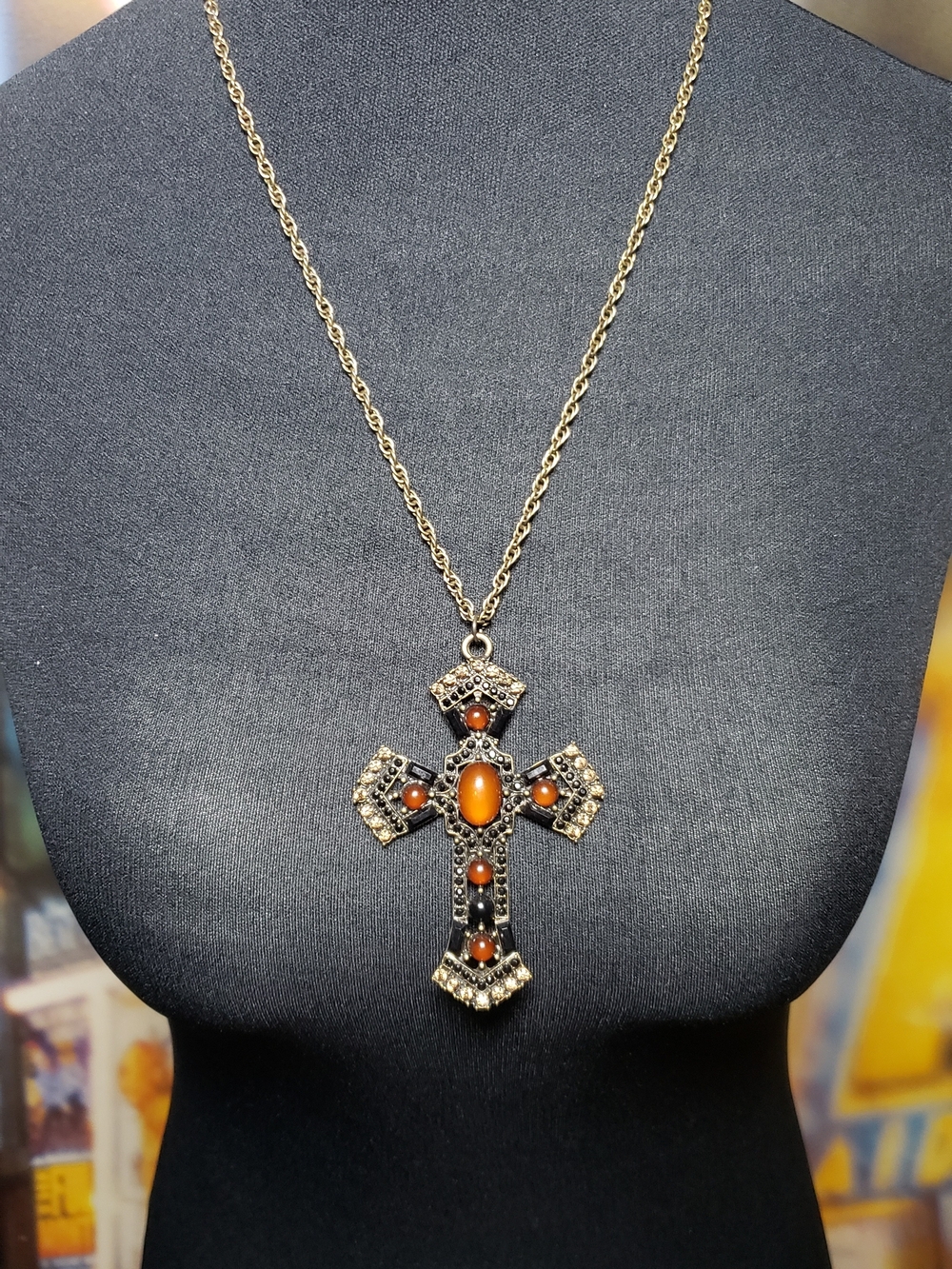 Vintage-Inspired Amber Tone Stone Cross Pendant Necklace